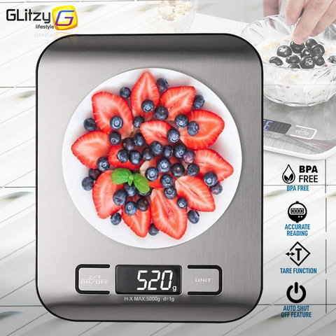 Báscula Digital multifunción para alimentos, plataforma de acero inoxidable de 11lb y 5kg con pantalla LCD, gramos y onzas para cocinar y hornear ► Foto 1/6