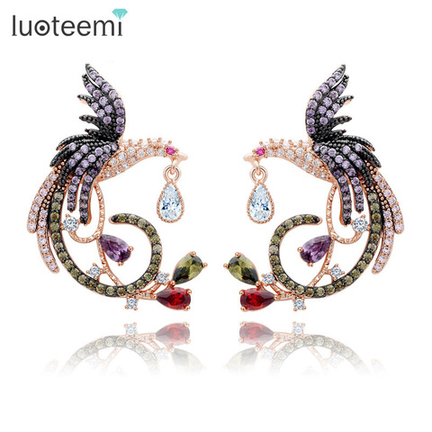 LUOTEEMI-pendientes con tuerca de aves para mujer, joyería de diseño único, Color oro rosa de lujo, Multi Cz, Micro pavé, ajuste de Fénix, pendientes con tuerca de aves ► Foto 1/6