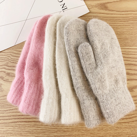 Guantes de pelo de conejo de doble capa para mujer versión coreana de invierno de color sólido con todos los dedos, guantes de invierno para mujer, mitones para chicas ► Foto 1/6