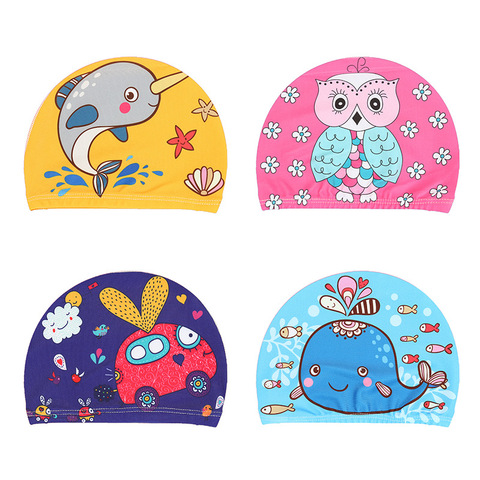 Gorro de natación de tela elástica para niños y niñas, gorro de piscina con estampado de dibujos animados para pelo largo, orejas protectoras ► Foto 1/6