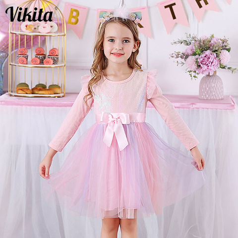 ¡Nuevo! Vestido de otoño para niñas de VIKITA, ropa de malla para niñas, vestidos casuales bonitos para niños y Vestido de princesa Lazo, vestidos para niñas ► Foto 1/6