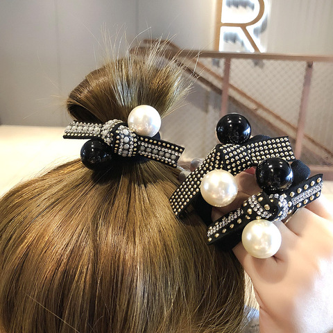 Accesorios para el cabello para niña y mujer, banda de goma con perlas de imitación para cabello, coletero negro, goma para cabello, diadema ► Foto 1/6