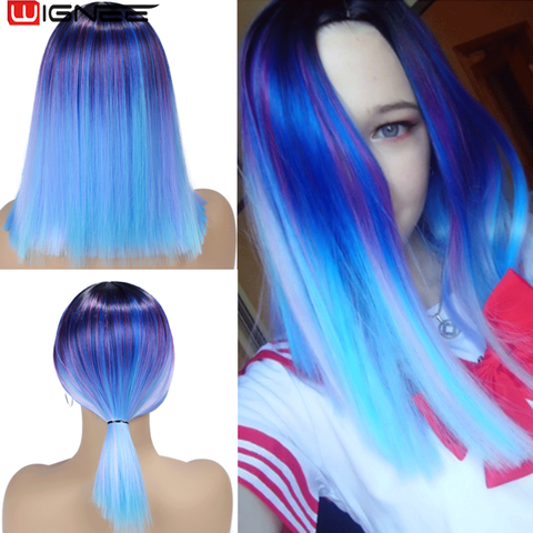 Wignee-Peluca de cabello sintético para mujer, pelo corto recto, mezcla de morado/azul, peluca arcoíris negra Natural, Cosplay sin pegamento, pelucas para uso diario ► Foto 1/6