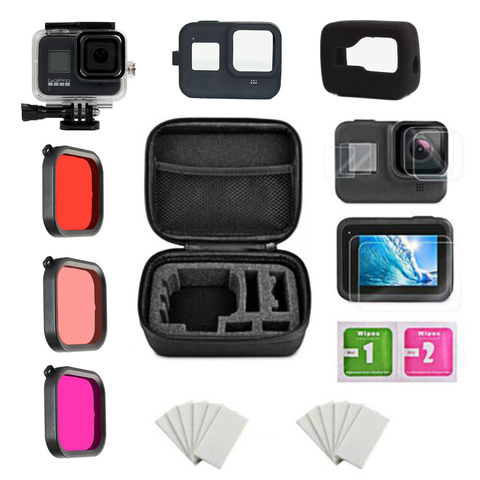 Funda carcasa impermeable con filtro para GoPro Hero 9, funda protectora de pantalla, marco de silicona, funda de espuma a prueba de viento, accesorios para cámara, color negro ► Foto 1/6