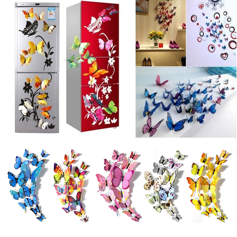 12 unids/set 3D adhesivo para pared de mariposa en la pared decoración del hogar extraíble calcomanías niños dormitorio decoración de nevera magnético ► Foto 1/6