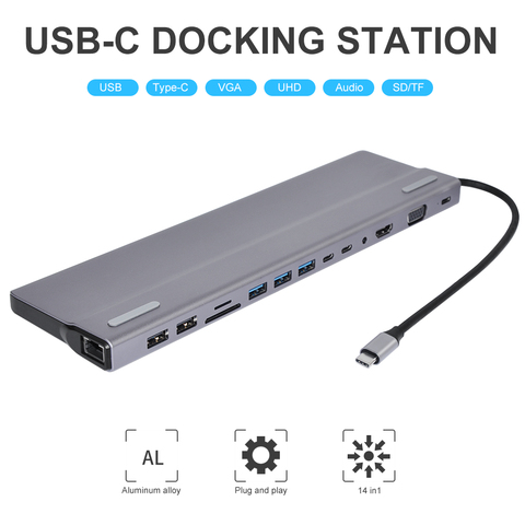 DeepFox-concentrador tipo C 14 en 1, USB tipo C a HDMI, VGA, Lan, USB 3,0, puertos SD/lector de tarjetas TF, USB-C, entrega de energía para MacBook Pro ► Foto 1/6