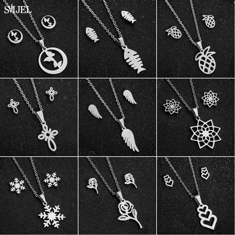 Smjel-Conjuntos de acero inoxidable para mujer, copo de nieve, mariposa, cadena espina de pescado, collar, aretes de tuerca, conjunto de joyería, regalo de Año Nuevo ► Foto 1/6