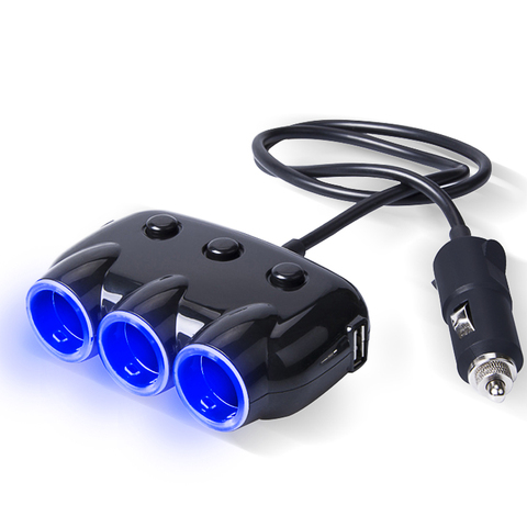 Adaptador de encendedor de coche Universal, convertidor divisor de enchufe de 12V/24V, 120W, negro, Usb, cargador de coche con LED azul ► Foto 1/6