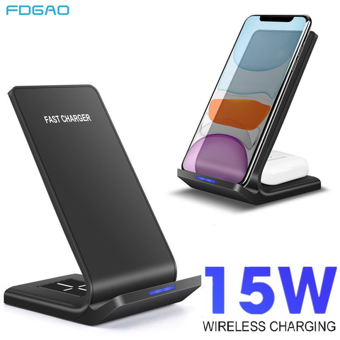 FDGAO-cargador inalámbrico 2 en 1 para móvil, base de carga rápida para Samsung S10, S20, soporte de carga para iPhone 12, 11, XS, XR, X, 8, Airpods Pro, 15W ► Foto 1/6