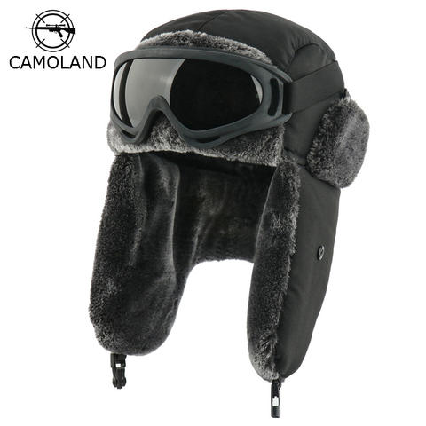 Invierno impermeable chaqueta sombreros de orejera ruso Ushanka con gafas protectoras de las mujeres de los hombres es trampero gorra de piloto de piel sintética térmico nieve tapas ► Foto 1/6