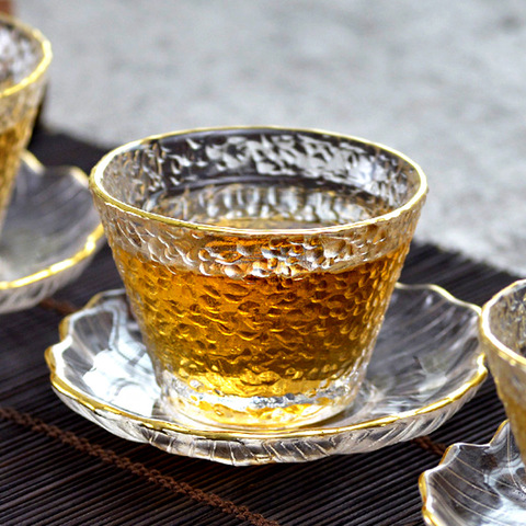 Taza de té de vidrio dorado con borde dorado, accesorios de kung-fu de estilo japonés, tazas de té verdes Puer, tazón de té chino ► Foto 1/6