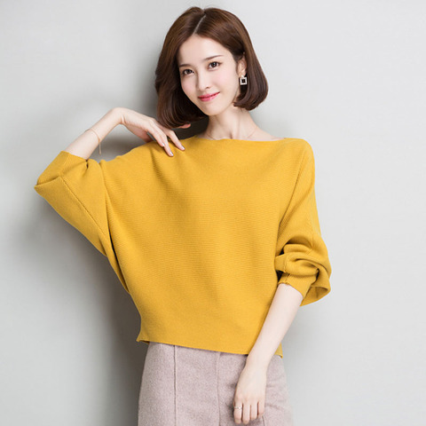 Manga murciélago suelto de Otoño de las mujeres suéter amarillo de moda mujer Pull nuevo llegada rayas jerseys y suéteres ► Foto 1/6