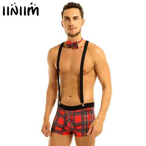 Calzoncillos Bóxer a cuadros para hombre, ropa interior con Y en la espalda, tirantes de pinza fuerte Y lazo, Sexy, 3 uds. ► Foto 1/6