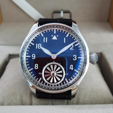 Reloj Mecánico de 44mm para hombre, pulsera de cuerda a mano con logotipo, bulto de cristal azul, turbina giratoria de espejo de burbuja, movimiento de gaviota st3621 G053 ► Foto 1/6