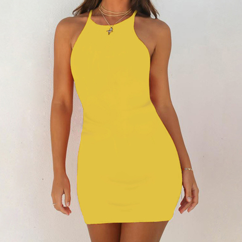 Las mujeres Bodycon vestido Sexy sin mangas Mini Vestido corto para Club Stretch vestido fiesta Oficina Dama Rosa amarillo, vestido de verano ► Foto 1/6