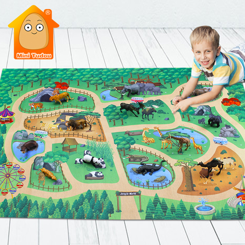 Alfombra de juegos para niños de 142x96CM, Set de modelos de animales, mapa de tela de dibujos animados, juego de simulación de suelo de escritorio, juguetes educativos para niños ► Foto 1/6