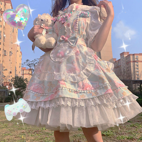Dulce japonés Kawaii Jsk Lolita vestido de las mujeres vintage, victoriano gótico de dibujos animados sin mangas princesa con lazo de té, vestidos de fiesta ► Foto 1/6