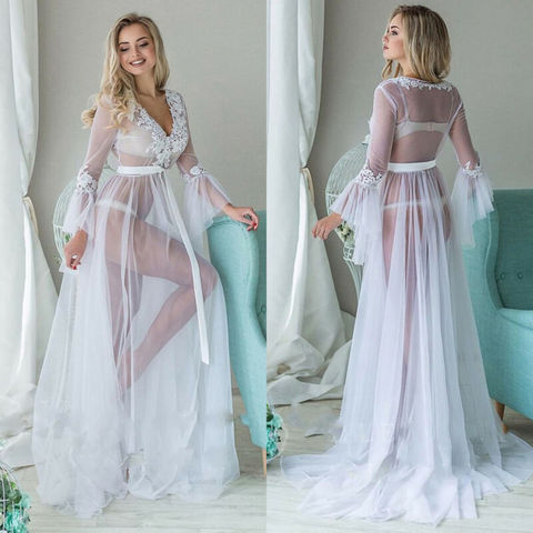 Vestido de lencería de encaje blanco para mujer, camisón transparente, lencería de encaje, pijama, Kimono, ropa de dormir, Vestido largo de talla grande ► Foto 1/6