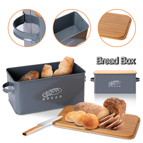 Cajas de almacenamiento cubos de pan con tapa de tabla de cortar de bambú manijas de caja de aperitivos galvanizadas de Metal diseño de contenedores de cocina decoración del hogar ► Foto 1/6