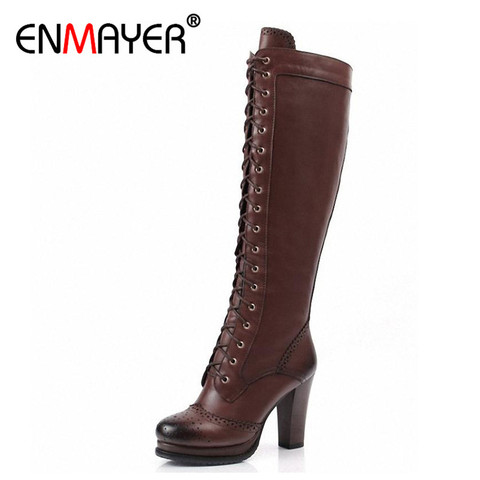 Enmeyer-Botas de invierno de alta calidad para mujer, botines hasta el muslo, con cordones, tacón Corium, Retro Knight ► Foto 1/6