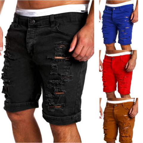 Pantalones cortos de Denim Chino para hombre, pantalones cortos vaqueros desgastados para chico, pantalones cortos ajustados de pasarela para hombres, Vaqueros rotos desgastados de talla grande ► Foto 1/6