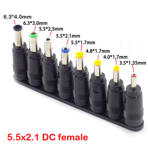 8 en 1 5.5X 2,1 MM DC power jack adaptador de enchufe hembra conectores para 6,3, 6,0, 5,5, 4,8, 4,0, 3,5, 2,5, 2,1, 1,7, 1,35 macho adaptador de puntas ► Foto 1/5