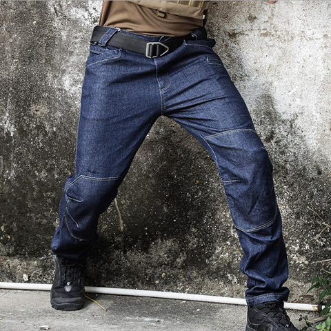 Pantalones vaqueros tácticos para hombre, Jeans holgados de mezclilla para hombre, pantalones vaqueros de estilo militar para hombre, Jeans Cargo de motorista informales a la moda ► Foto 1/6