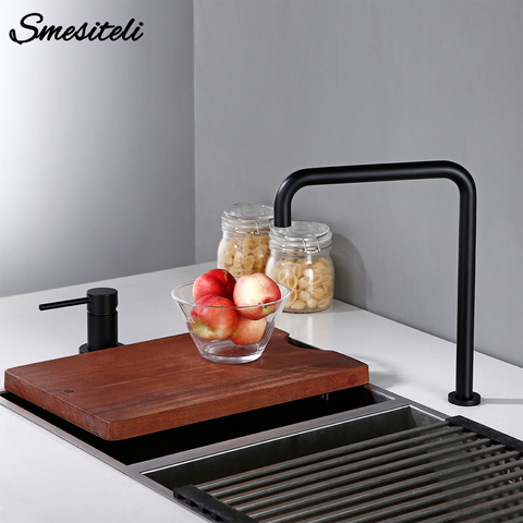 Smesiteli-grifo de latón macizo en forma de L para cocina, grifería de fregadero de 360 grados con doble orificio, un solo Mango, negro mate ► Foto 1/6