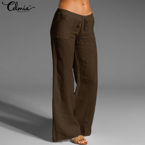 Celmia-pantalones de lino Vintage para mujer, pantalón largo, holgado, informal, de pierna ancha, pantalones de cintura elástica de talla grande, 2022 ► Foto 1/6