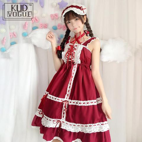 Lolita-vestido con cintas de Encaje Vintage para mujer, bonito vestido japonés Kawaii con tirantes finos, cintas para la cabeza, para fiesta de verano y graduación ► Foto 1/6