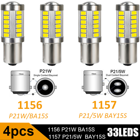 4 Uds. De luces LED de freno para coche, Bombilla trasera de coche BA15S P21W 1156 1157, luz de marcha atrás de coche de 12V CC, luz diurna ► Foto 1/6