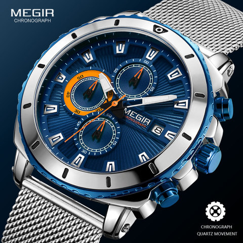 Megir-Reloj de pulsera deportivo para hombre, cronógrafo de cuarzo, con correa de malla de lujo, resistente al agua, color azul, 2022 ► Foto 1/6
