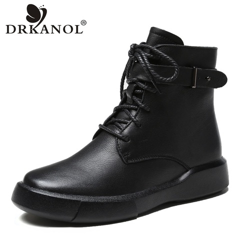 DRKANOL-Botas planas informales de cuero genuino para mujer, botines cálidos hechos a mano, de punta redonda, para otoño e invierno, 2022 ► Foto 1/6