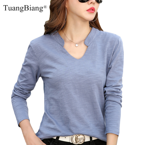 Camiseta de algodón de bambú con cuello en V para mujer, blusa holgada de marca de talla grande a la moda, Tops con cuello levantado para otoño e invierno, 2022 ► Foto 1/6