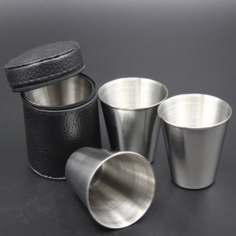 4 unids/set pulido 30 Ml Mini de acero inoxidable y vidrio taza vasos para beber vino con cubierta de cuero de la bolsa para la casa de Bar de cocina ► Foto 1/6