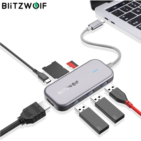 BlitzWolf-BW-TH5 7 en 1 para MacBook y iPad, concentrador de datos USB tipo C con 3 puertos USB 3,0, lector de tarjetas TF, USB C, PD, pantalla de carga 4K ► Foto 1/6