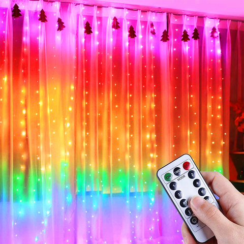 3M cortina de arco iris Luz de guirnalda de luz LED de hadas carámbano luces decorativas para Navidad Fiesta dormitorio pared boda decoración de ventana ► Foto 1/6