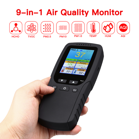 Monitor 9 en 1 de calidad del aire interior al aire libre PM2.5, PM1.0, PM10, HCHO, Detector de TVOC Meter Tester Sensor de temperatura y humedad ► Foto 1/6