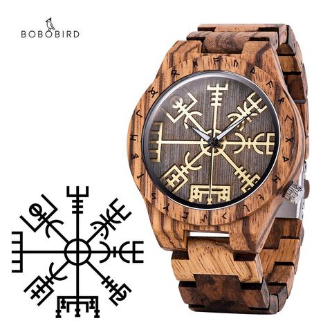 BOBO BIRD-reloj de pulsera de cuarzo para hombre, cronógrafo de madera hecho a mano, con círculo rúnico, dorado, Vegvisir ► Foto 1/6