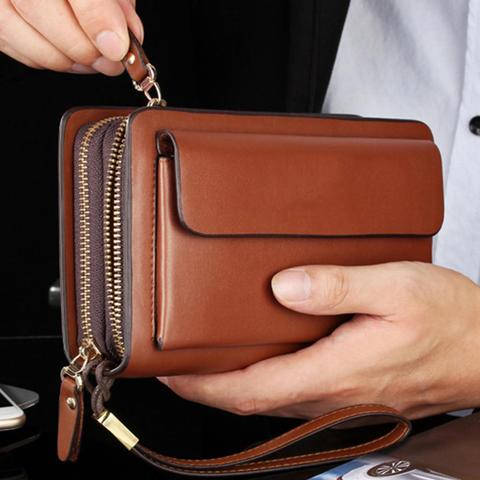 Cartera de cuero de imitación con doble cremallera para hombre, monedero, cartera con Clip, bolso de mano ► Foto 1/6