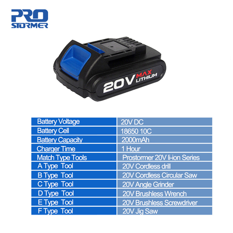 PROSTORMER-batería de litio de 2000mAh/4000mAh, funciona con la serie Dirll de 20V/llave sin escobillas/destornillador/Sierra Circular/amoladora angular ► Foto 1/4