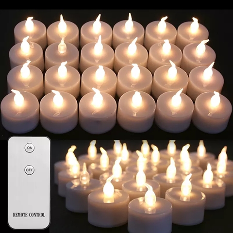 Velas LED parpadeantes, velas con mando a distancia, sin llama, con batería, para bodas, casa, decoraciones de Navidad, 24 Uds. ► Foto 1/6