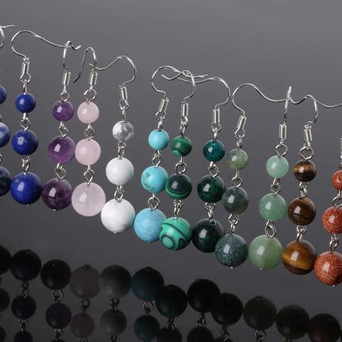 Pendientes largos de 6mm + 8mm + 10mm para mujer, cuentas de ojo de tigre Natural, colgantes de piedra, joyería para mujer ► Foto 1/6