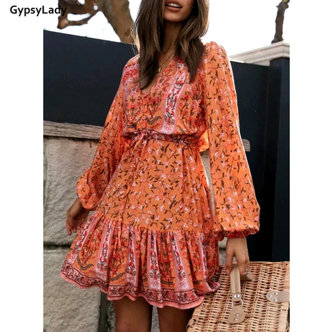 GypsyLady-minivestido Floral naranja Vintage para mujer, vestido Hippie bohemio de vacaciones con cuello en V y botones delanteros, de manga larga con volantes ► Foto 1/6