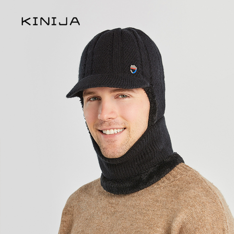 Conjunto de gorro de lana para hombre, conjunto de gorro de esquí para hombre, a prueba de viento, tejido al aire libre, cálido, grueso, de una pieza, gorros, gorros ► Foto 1/6