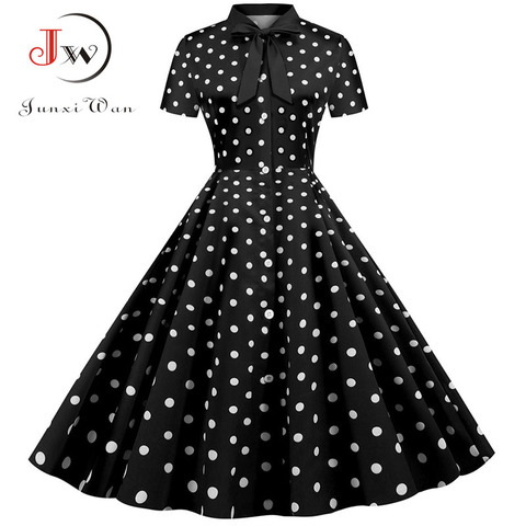 Negro dibujo de lunares de las mujeres vestido de verano Vestido de manga corta a rayas de arco elegante Vintage Pin Up 50s vestido de fiesta Vestidos de talla grande ► Foto 1/6