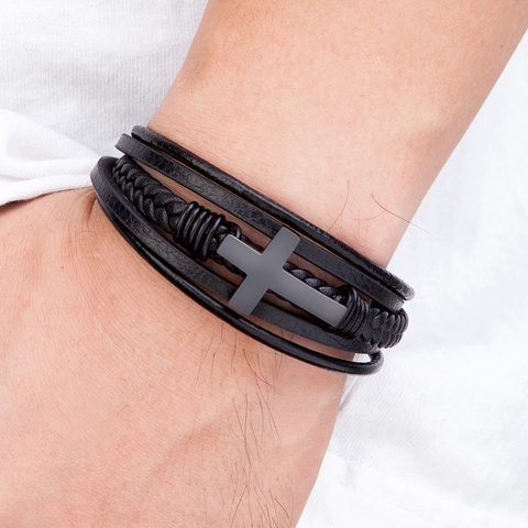 Pulsera de cuero y acero inoxidable con cierre magnético para hombre, brazalete cruzado de estilo clásico, multicapa, regalo de joyería ► Foto 1/6