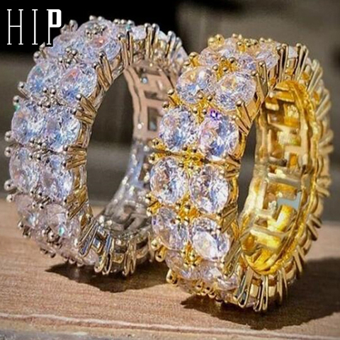 HIP Hop 2 filas clásico CZ anillo de oro/Color helado encanto Zircon anillo redondo anillo para hombres joyería de las mujeres tamaño 8-11 ► Foto 1/6