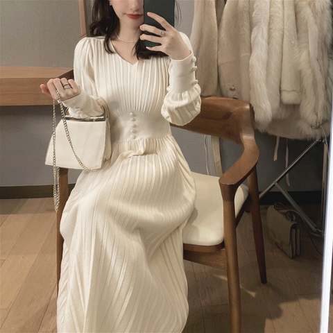 Vestido de punto de manga larga para mujer, vestido femenino informal de manga larga, Estilo Vintage, elegante, para oficina, ropa de abrigo coreana, 2022 ► Foto 1/6