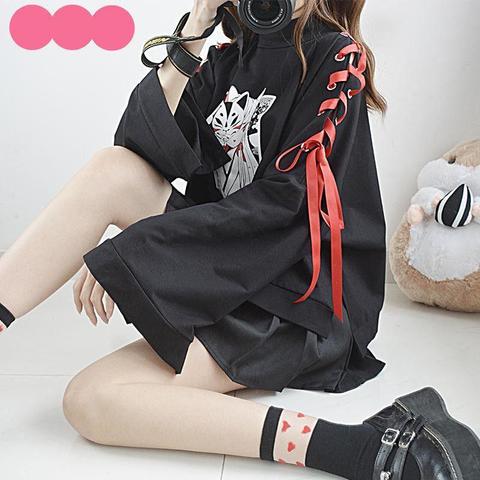 Ropa de verano para mujer, cosplay de Anime fox impreso, cinta cruzada, camiseta de Lolita para niña, Top harajuku de primavera, Sudadera con capucha ► Foto 1/6